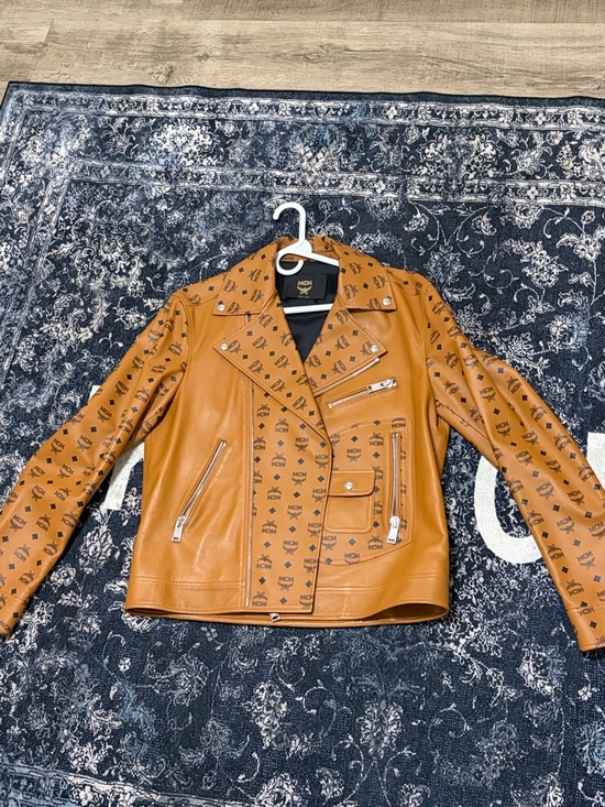 MCM Jackets & Blazers - MCM Cognac Logo-Print Leather Biker Jacket